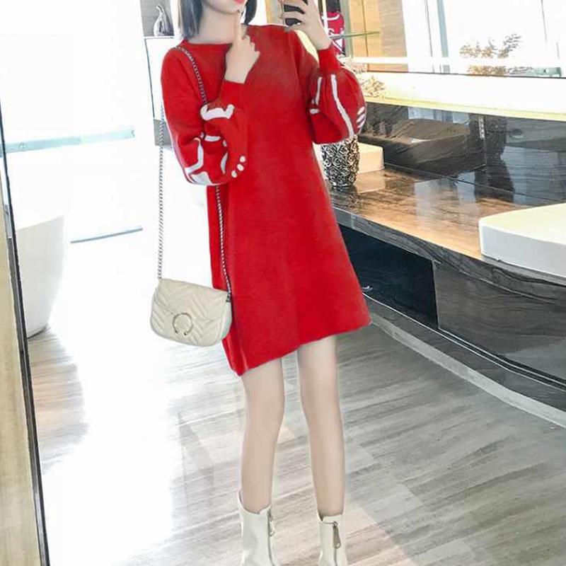 Autumn and Winter Fashion Casual Jacket Mid-length Long-sleeved Dress Slim Round Neck Sweater