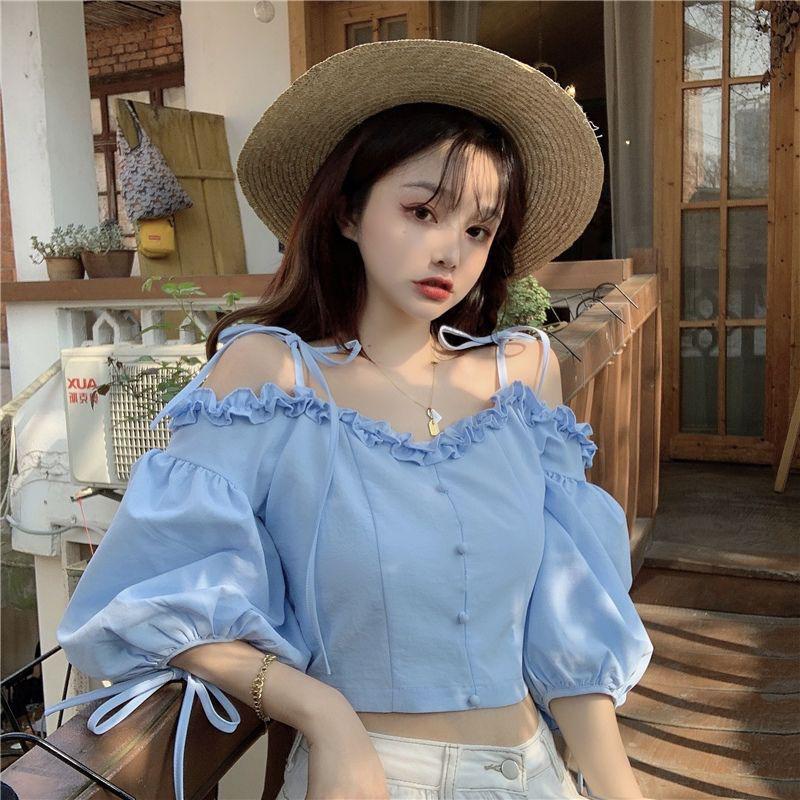 Women - on Shoulder Shoulders Short Solid Color Strap Waist Summer New Korean Design Sense