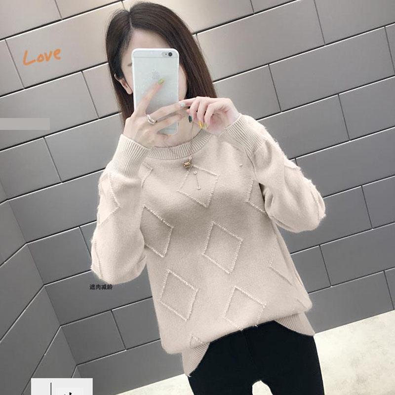 Warm O-neck Sweater Purple Color Rhombus Sweater Knitted Plain Sweater Women Knitwear Long Sleeve
