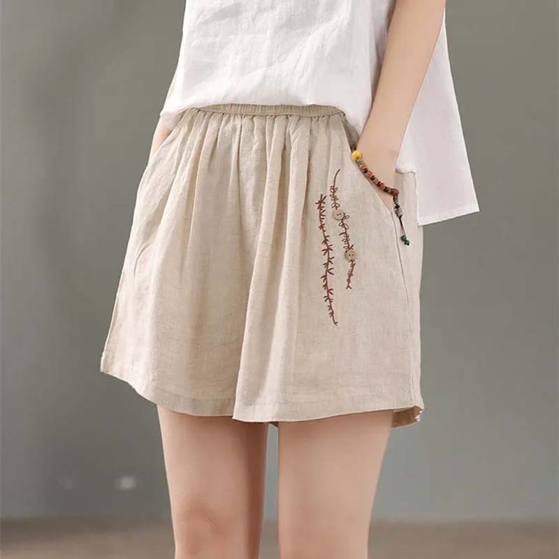 Cotton Shorts for Women Summer Literary Retro Embroidered Thin Loose Short Pants All-match Outer Wear Shorts Cotton Wide-leg Pants Temperament Shorts