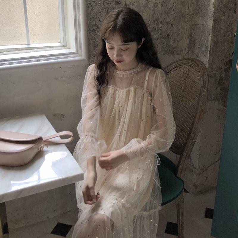 Spring and Summer Sweet Mesh Dress Female Student Sequined Tie Bow Long Skirt