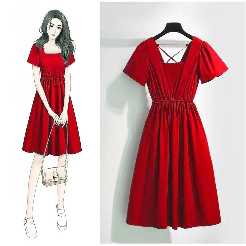 Dress Women's Spring Summer Plus Size Casual Solid Color Dress Square Collar Short Sleeve Open Back Cotton All-match