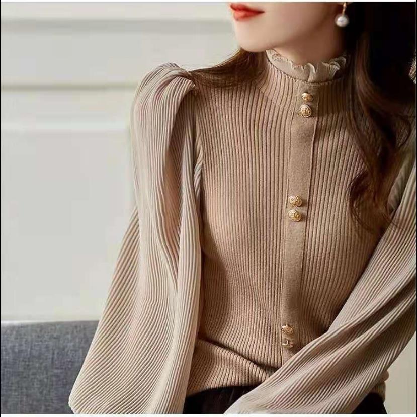 Autumn and Winter High-neck French Ladies Sweater Elegant Temperament Knit Sweater Wild Wood Ear Waist Slim Casual Shirt