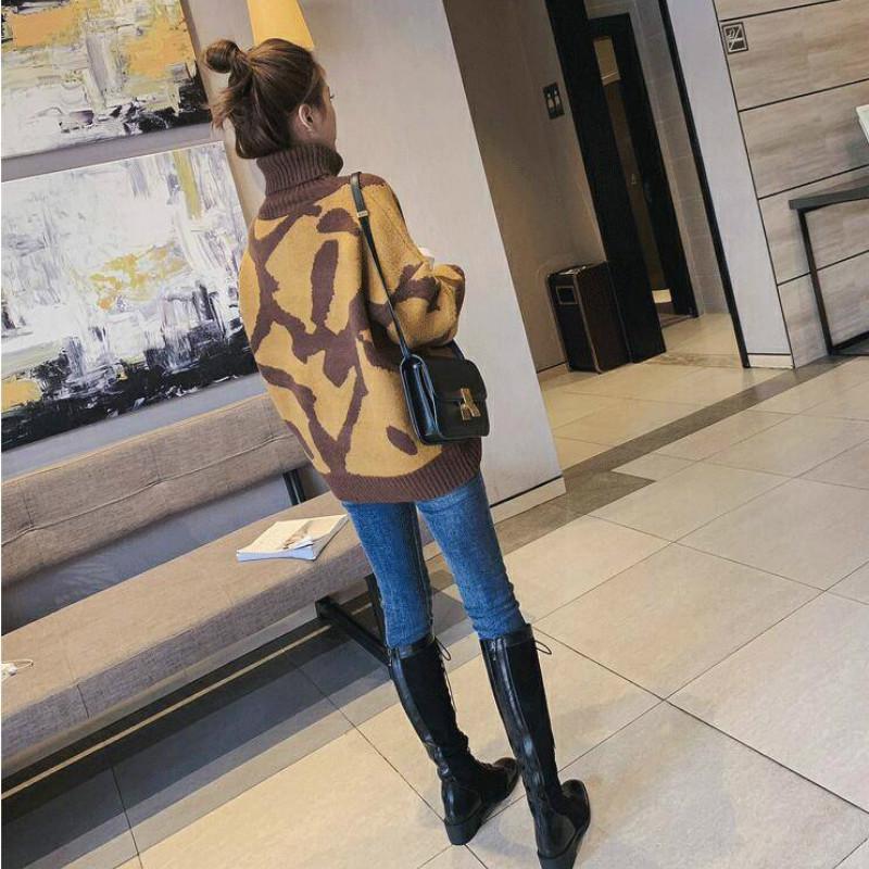 Pofulove Pullover Net Red Sweater  Loose-fitting Sweater Top Winter Turtleneck Women's Leopard