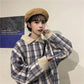 Autumn and Winter Warm Plaid Lapel Stitching Pullover Sweater Girl Loose Wild Woolen Coat