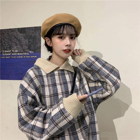 Autumn and Winter Warm Plaid Lapel Stitching Pullover Sweater Girl Loose Wild Woolen Coat