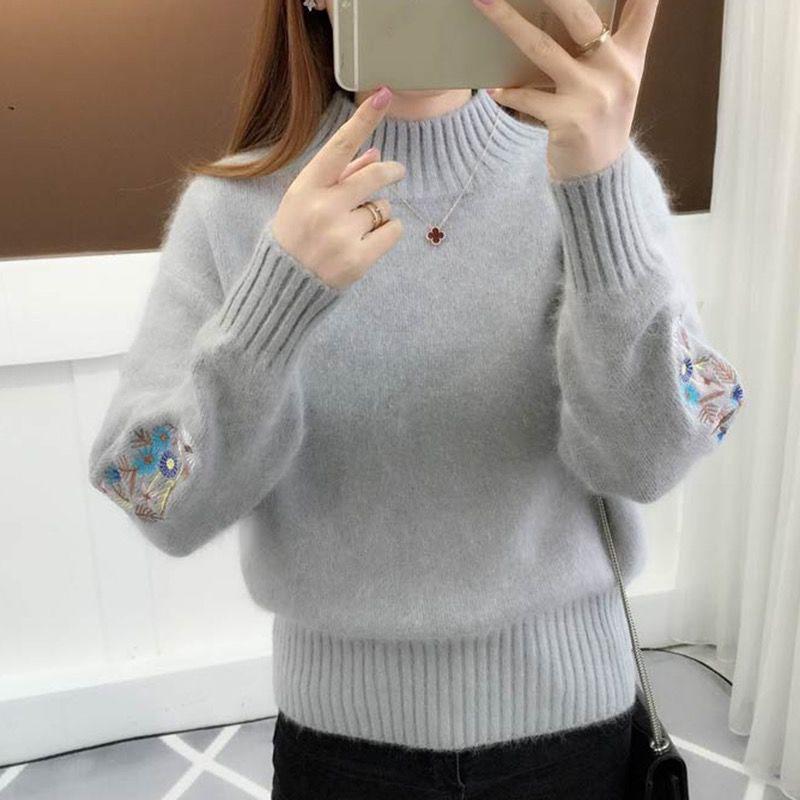 Half Turtleneck Sweater Thicken Women's Autumn and Winter Short Embroidery Flower Base Knit Long Sleeve Pullover
