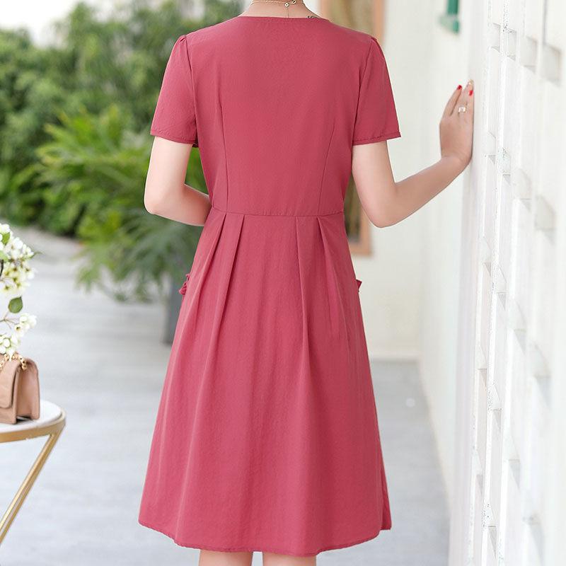 XL-XXXXXL Plus Size Polyester Short-sleeved Dress Summer Knee-length A-line V-neck Ruffle Pocket Skirt