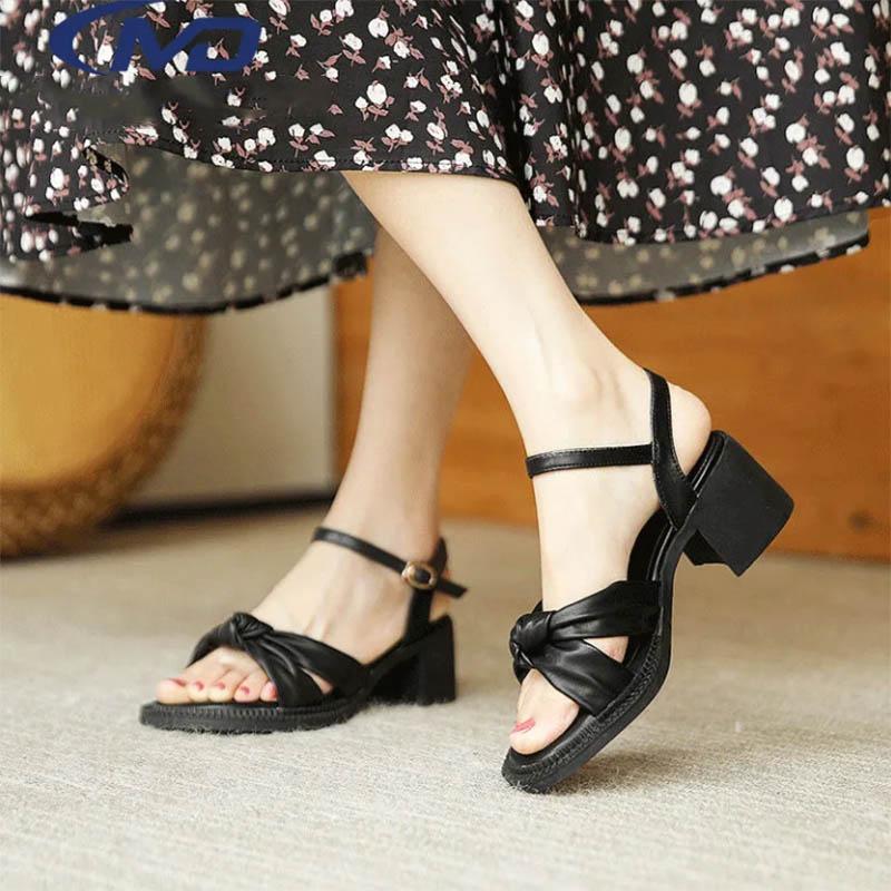 Solid Color Braided Sandals Women's All-match Fashion Thick Heel Soft Leather One-word Buckle Strap Fairy Style Women's Shoes with Skirts