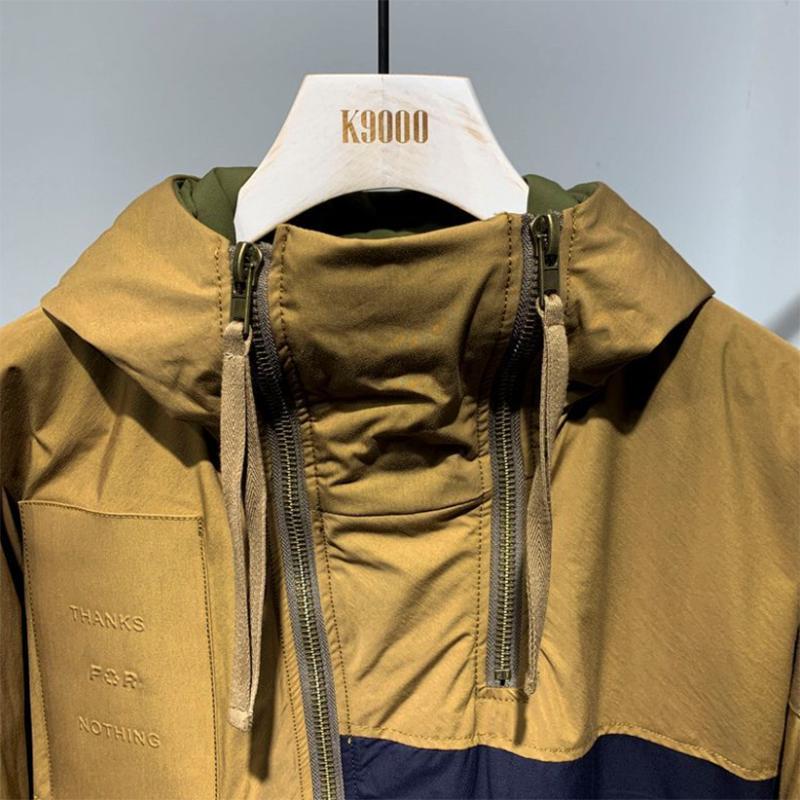 Retro Contrast Color Stitching Men's Jacket Oblique Placket Hooded Cotton-padded Jacket Handsome Padded Jacket