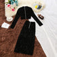 Spring and Autumn Skirt Suit Women's Gold Velvet Crop Top and Mid-length High Waist Bag Hip Skirt Two-piece Set  Ladies Glittering Outfits