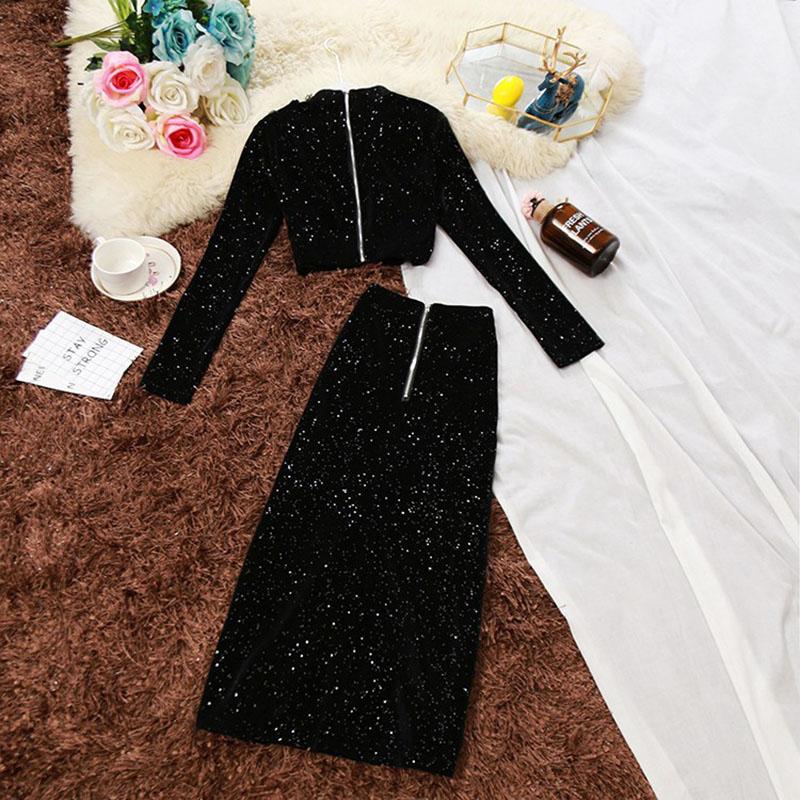 Spring and Autumn Skirt Suit Women's Gold Velvet Crop Top and Mid-length High Waist Bag Hip Skirt Two-piece Set  Ladies Glittering Outfits