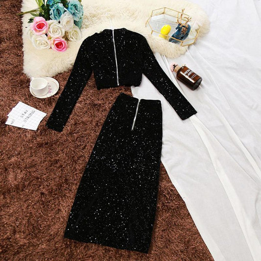 Spring and Autumn Skirt Suit Women's Gold Velvet Crop Top and Mid-length High Waist Bag Hip Skirt Two-piece Set  Ladies Glittering Outfits