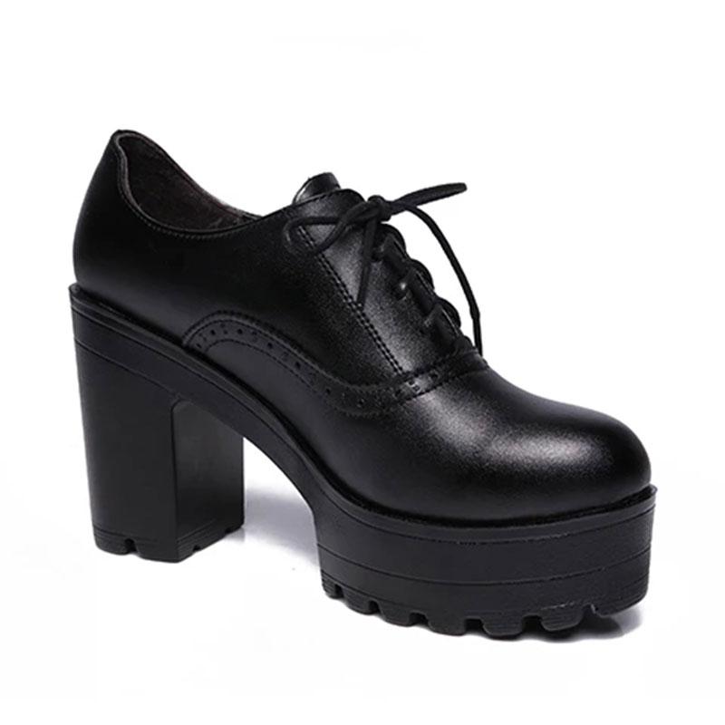 Women's 10cm High Heels Round Toe Thick-heeled Leather Shoes British Style Black Thick-soled Waterproof Platform Deep-mouth Shoes Model Shoes