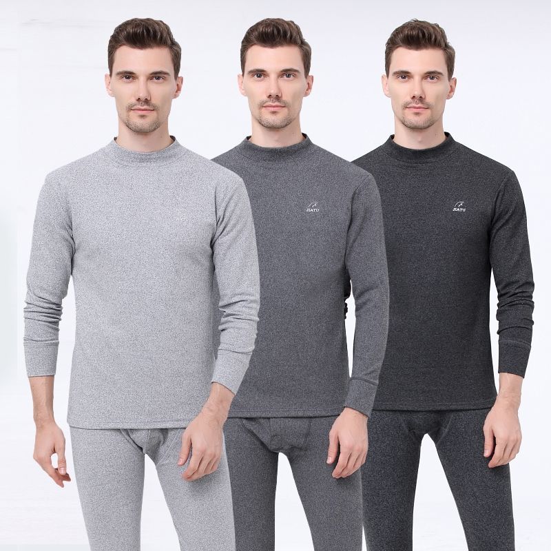 Self-heating Double-sided Mid-high Collar Cold-proof Thermal Underwear Suit Men's Plus Velvet Thick Winter Autumn Clothes Long Pants