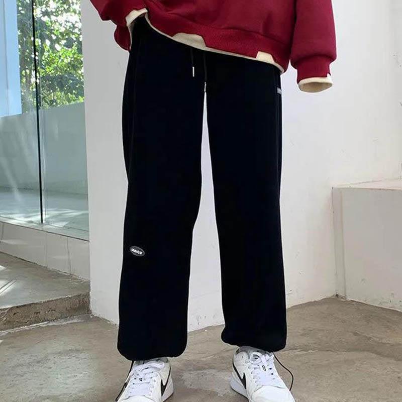 Cotton and Velvet Sweatpants for Female Students Korean Version of Loose Winter High-waisted Straight and Thin Thick Wide-leg Long Pants