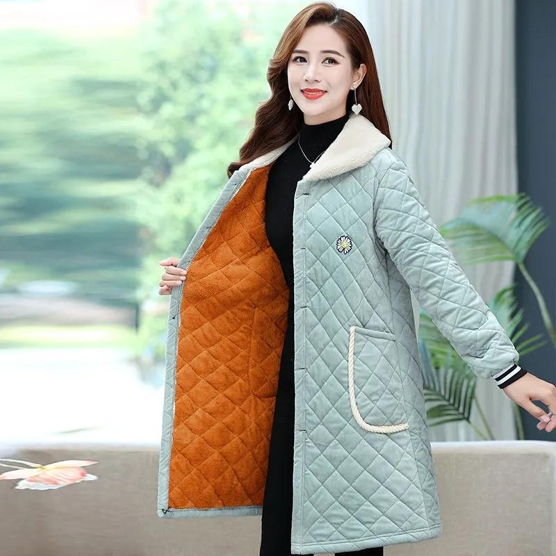 Plus Velvet Thick Blouse Mid-length Women's Clothing Casual Fur Collar Coat Cotton Blouse Winter Loose Large Size Home Wear