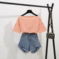 Fashion Shorts Suit Summer Off Shoulder Striped T-shirt Ripped Denim Shorts Two-Piece Casual Outfit