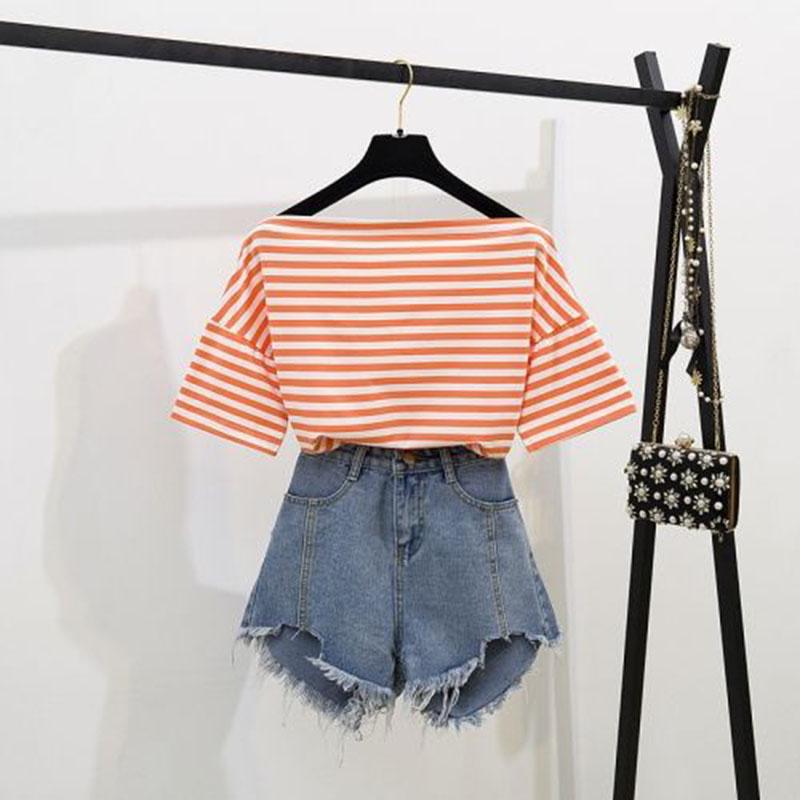 Fashion Shorts Suit Summer Off Shoulder Striped T-shirt Ripped Denim Shorts Two-Piece Casual Outfit
