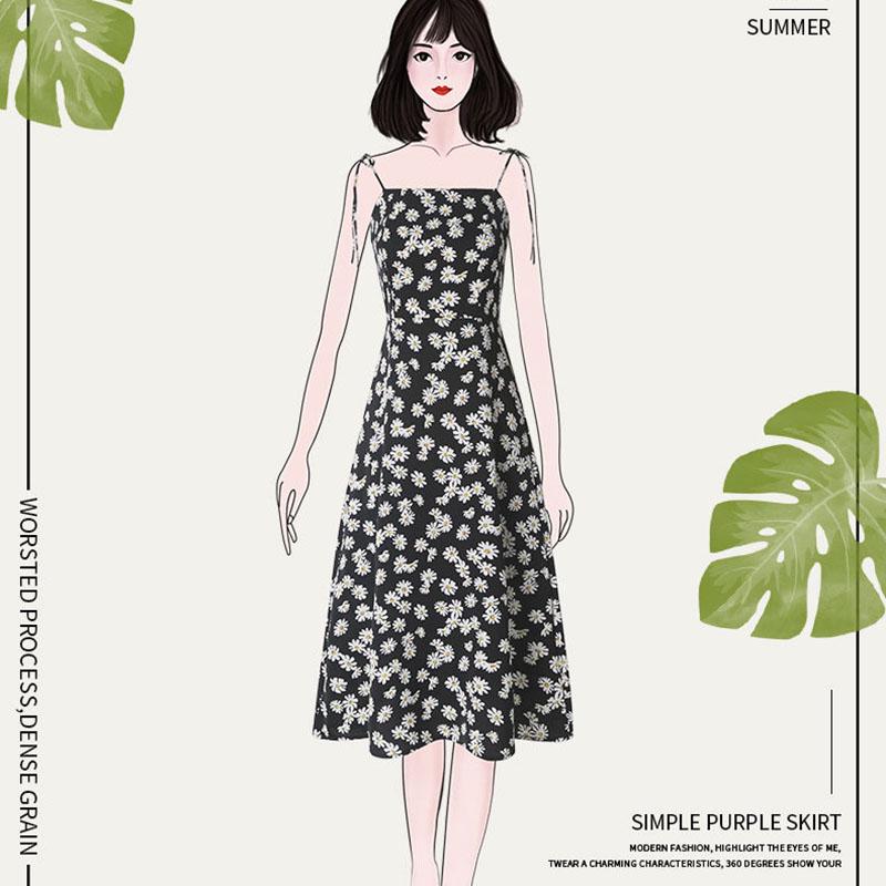 Pofulove Women's Little Daisy Floral Dress Summer Sleeveless slip dress  Midi Sexy A-line ruffled Spaghetti Strap Dress