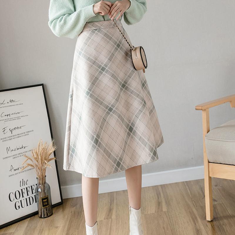 Autumn and Winter New High-waist Woolen Plaid Skirt Women's Mid-length A-line Large Skirt Over-the-knee Umbrella Skirt Autumn