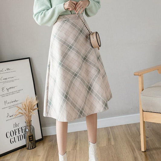 Autumn and Winter New High-waist Woolen Plaid Skirt Women's Mid-length A-line Large Skirt Over-the-knee Umbrella Skirt Autumn
