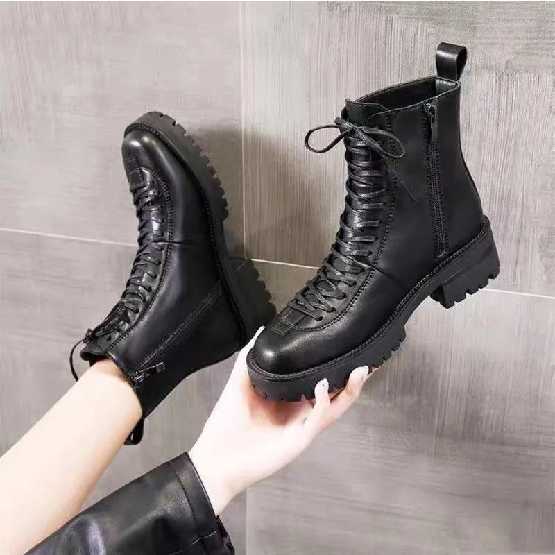 Retro Brown Martin Boots Women Autumn and Winter British Style Leather All-match Thick-soled Short Boots Women Plus Velvet Waterproof Boots