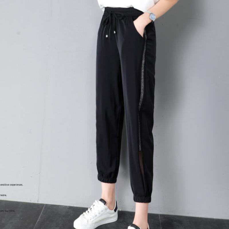 Women's Black Nine-point Sweatpants Summer Korean Version of Mesh High Waist Loose and Thin Cropped Harem Pants