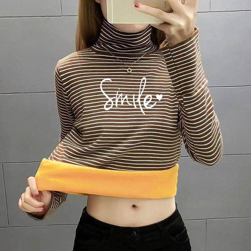 Thicken Plus Velvet Thermal Clothing Women's Underwear Tight-fitting High-neck Striped Winter Bottoming Shirt One-piece Gold Velvet Top