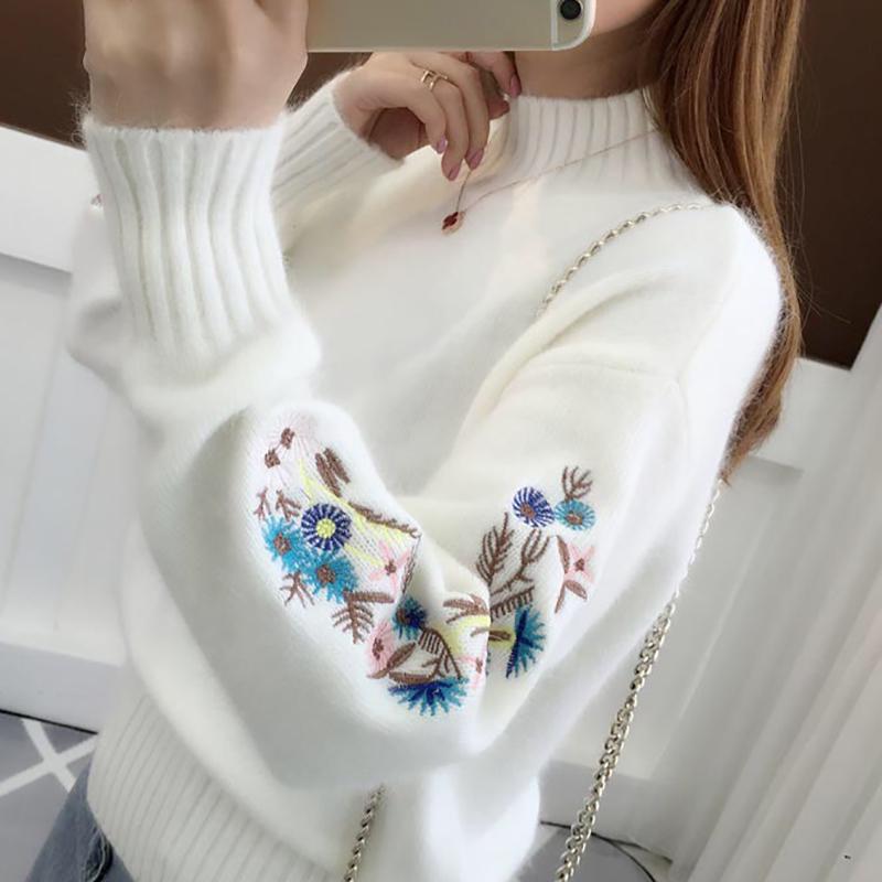 Half High Neck Short Women's Sweater Thick Embroidery Long-sleeved Pullover Sweater