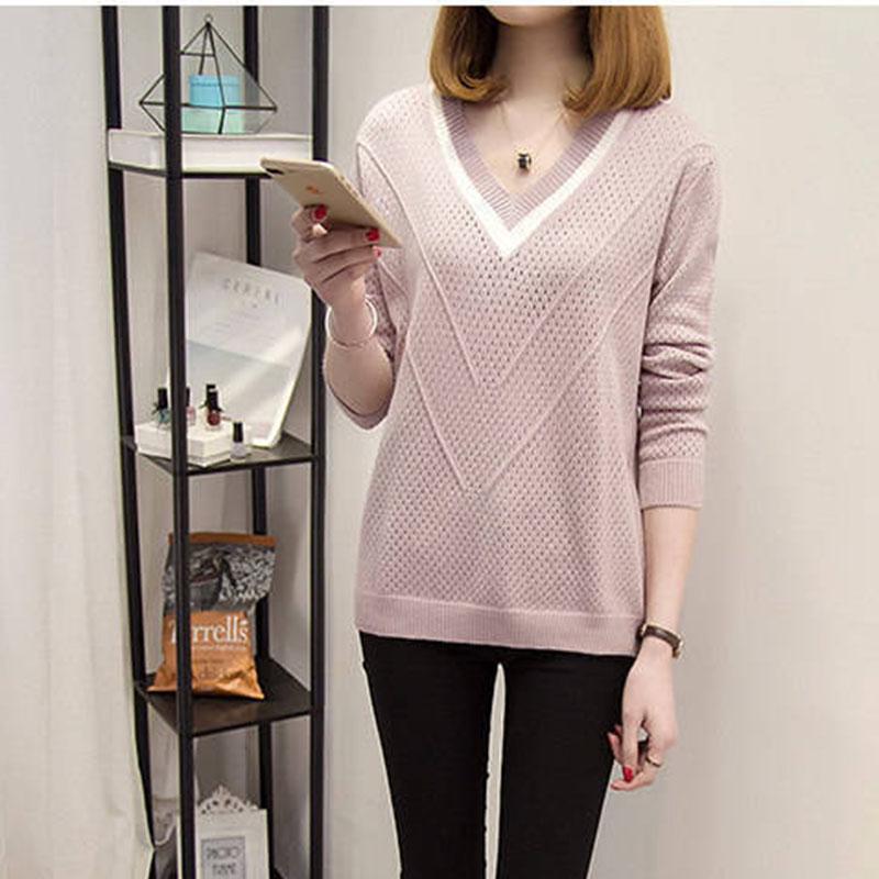 Spring and Autumn V-neck Knitted Sweater Fashion Long-sleeved Bottoming Shirt Short Plus Size Women's Top