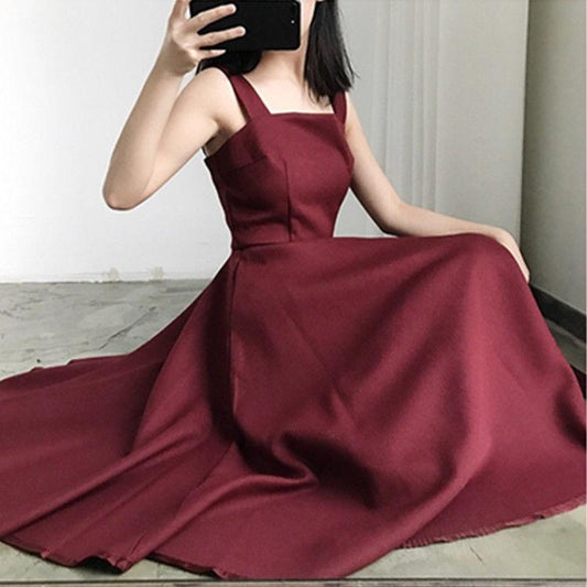 Female Base Dress French Elegant Suspender Solid Color Sleeveless Slim Mid Length A-line Dress