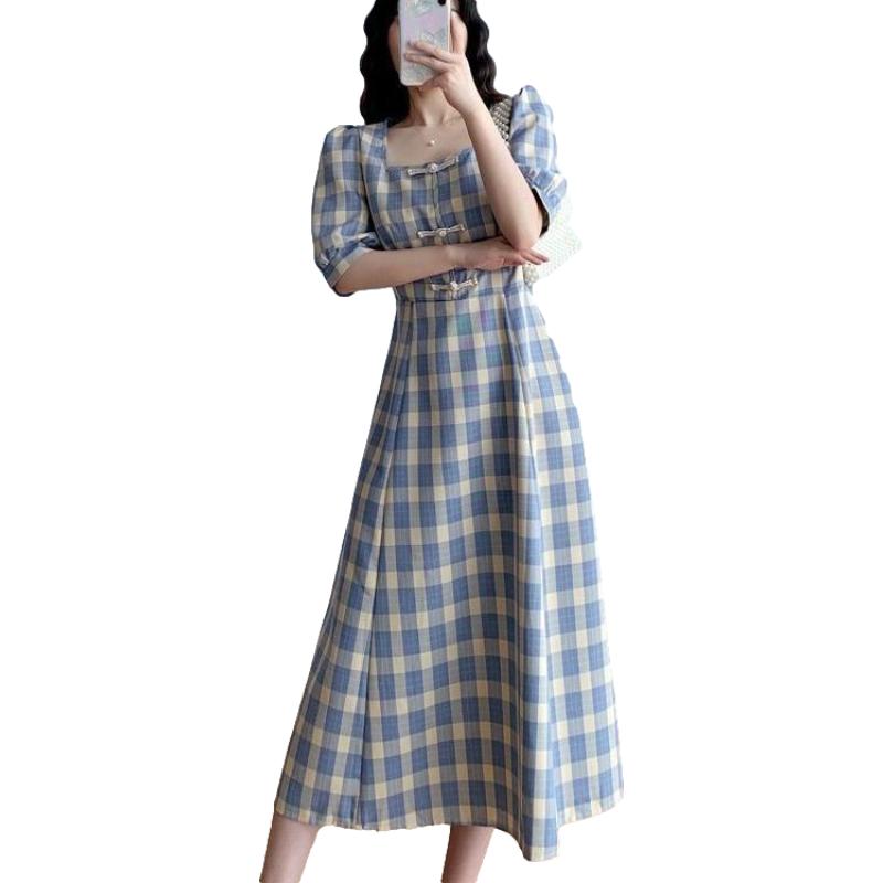 Large Women Size Summer Casual Slim Mid Length Square Neck Bubble Sleeve Plaid Holiday Dress