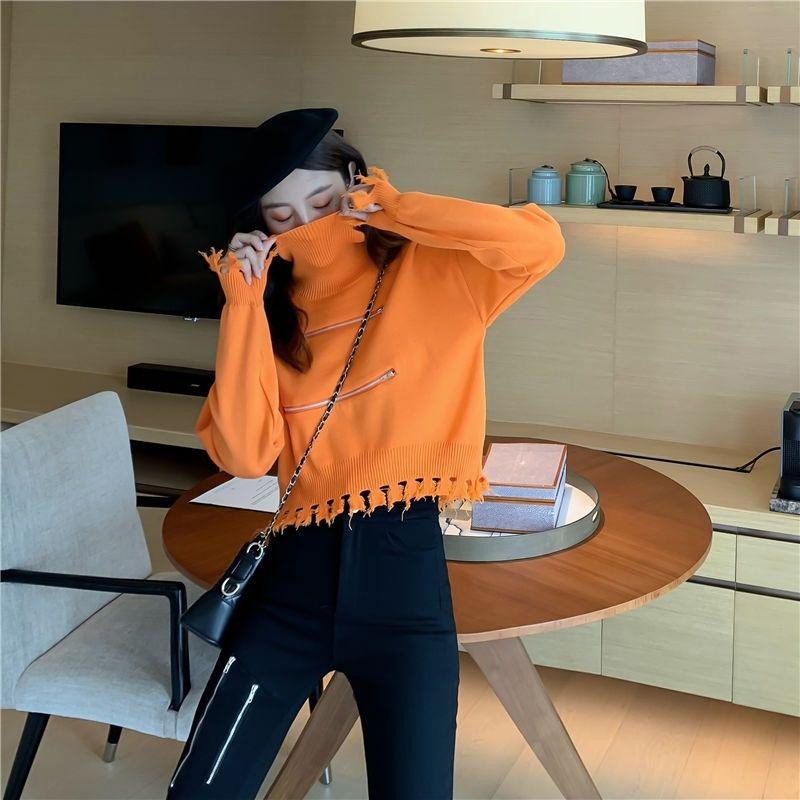 Women's Solid Color Trendy Fashion Zipper Slim Bottoming Sweater High Neck Tassel Short Knit Sweater
