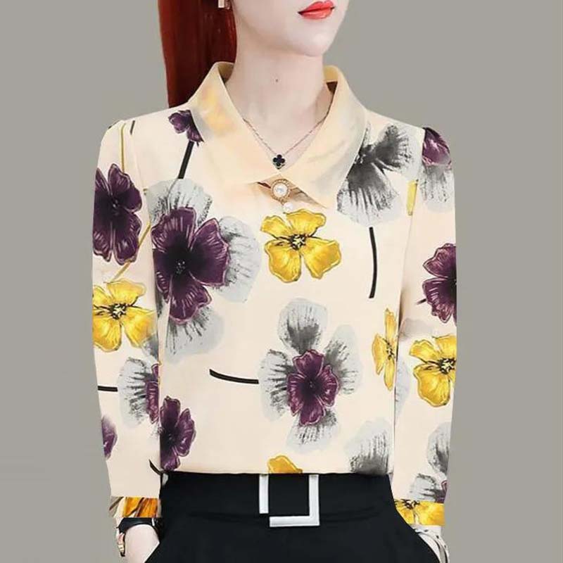 Women's Spring Autumn Chiffon Long Sleeve Top Lapel Bow Print Shirt