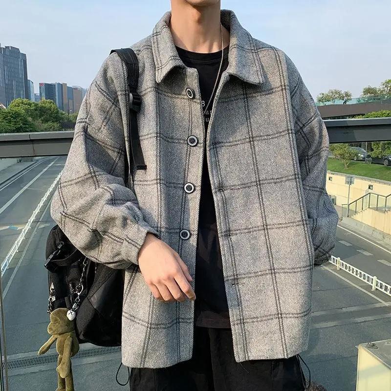 Spring and Autumn Woolen Plaid Jacket Men's Trend Ins Windbreaker Jacket Hong Kong Style Loose Retro Coat