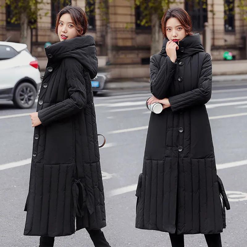 Winter Women's Down Jacket Retro Folk Style Thick Warmth Long Padded Hooded Over-the-knee Windbreaker Jacket