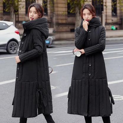 Winter Women's Down Jacket Retro Folk Style Thick Warmth Long Padded Hooded Over-the-knee Windbreaker Jacket