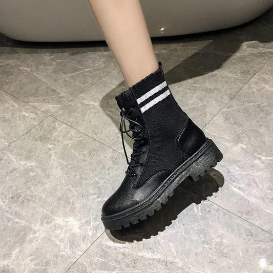 Women's Casual All-match Knitted Wool Boots Spring and Autumn Sponge Cake Platform Boots Sleeve Stretch Rider Boots