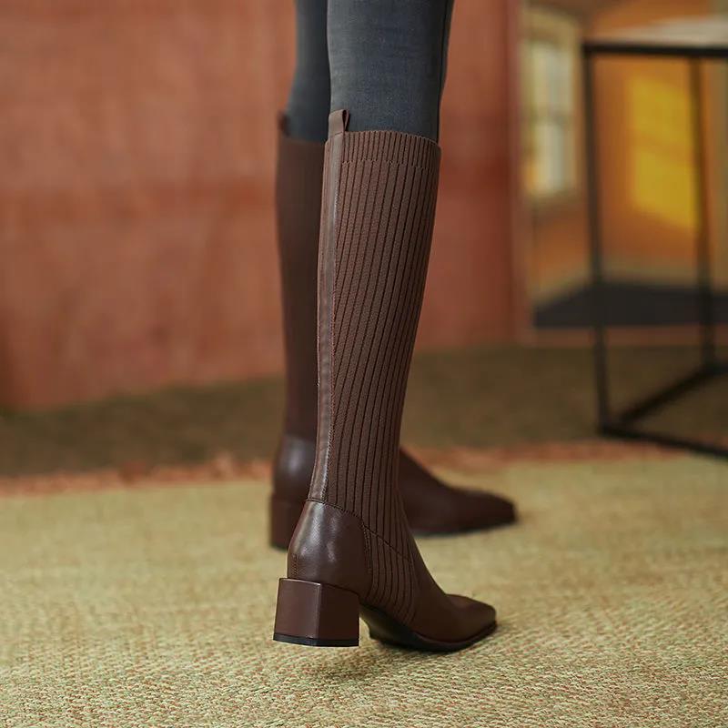 Women's Leather Socks and Long Boots But The Knee Is Thinner Stretch Knit Mid-tube High-heeled High Boots