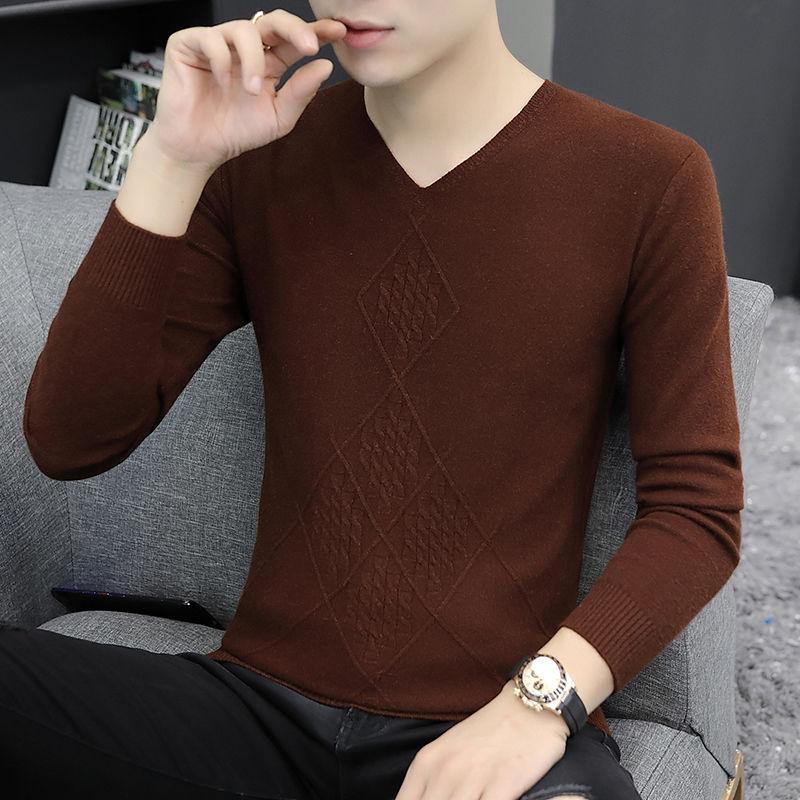 V-neck Sweater Men's Slim Type Autumn and Winter Bottoming Shirt Thin Section Korean Low-neck Sweater Seamless Sweater