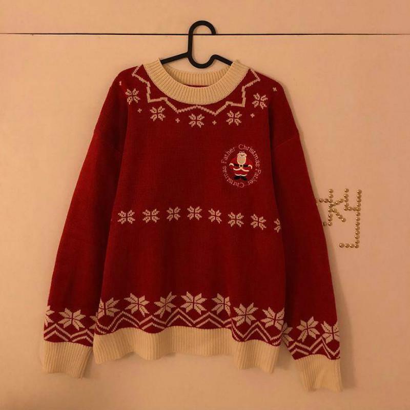 Pofulove Autumn Winter Women Loose Santa Snowflake Pullover Red Sweater Red Top Christmas