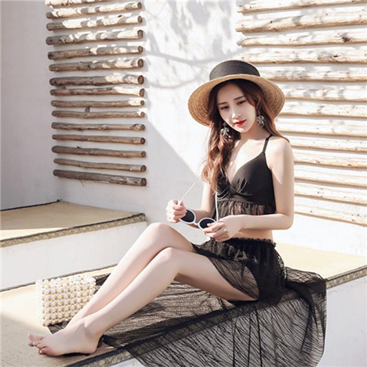 Two-piece Swimsuit Bikini Three-piece Women's Swimsuit Small Chest Gathered Black Sexy Little Fragrant Style Boxer Swimsuit Women