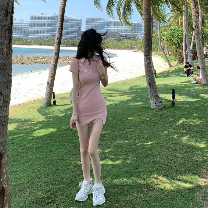 Summer Woman Oblique Button Polo Collar Short Sleeve Dress For Girls