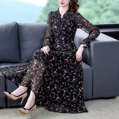Spring Summer Plus Size Women's Floral Dress Chiffon Long-sleeved Dress Slim Slimming Casual Long Skirt