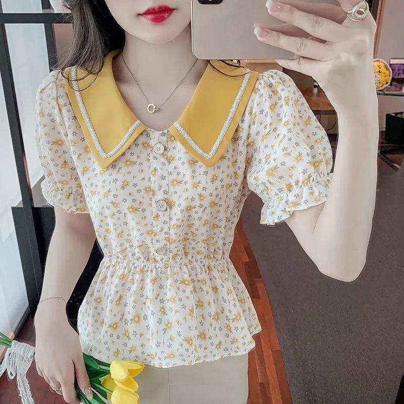 Contrast Color Doll Collar Short-sleeved Floral Shirt Women's Summer Dress Waist Short Shirt Top Trendy