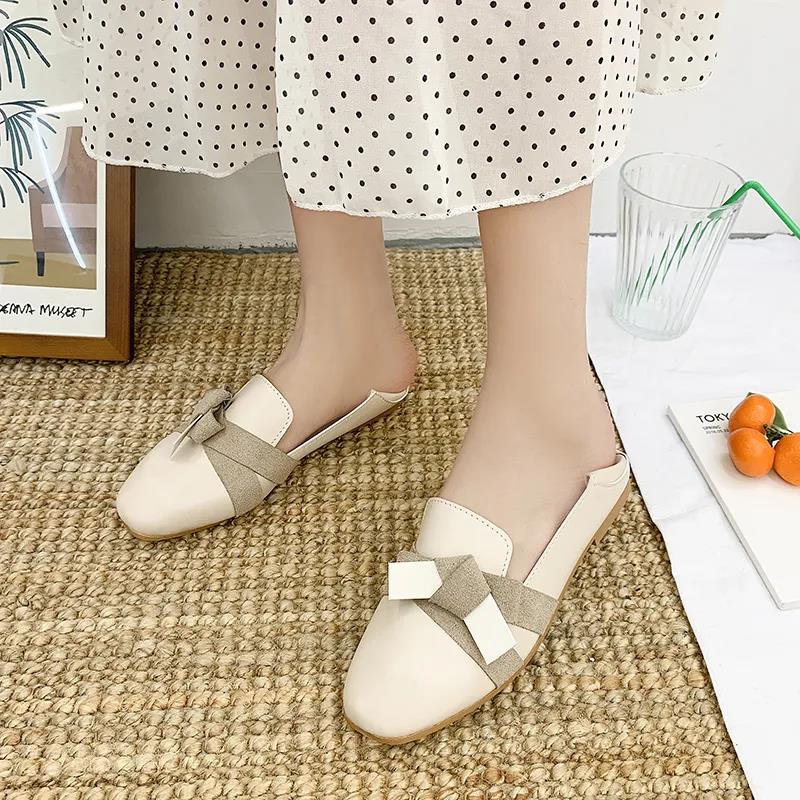 Square-toe Flat Leather Shoes Soft Leather Lightweight Slip-in Flat-bottomed Casual Women's Leather Shoes Wearable for Work