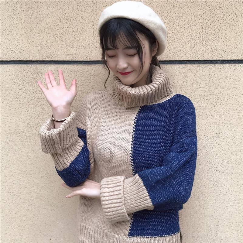 Pofulove 3 Colors Warm Short Section Hit Color TurtleNeck Loose Knitted Blouse Thicken Sweaters