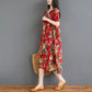 Oversized Retro Women's Cotton Loose Short-sleeved Floral Dress Loose Pleated Kaftan Robe