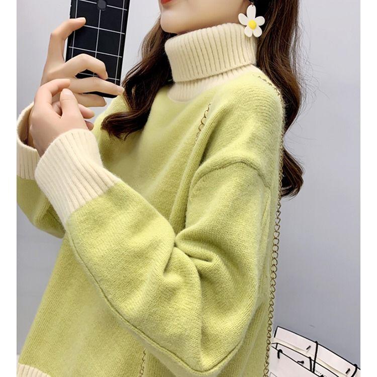 Pofulove Turtleneck Women Pullover Winter Loose Thick Padded Short Bottoming Shirt Sweater Women